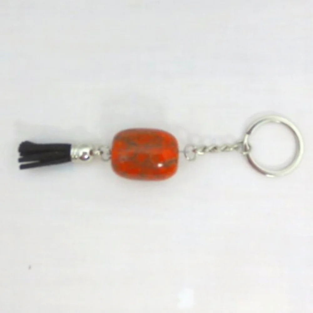 New Handcrafted Keychain Bag Charm Orange Beaded Boho Leather Tassel Swivel Clip